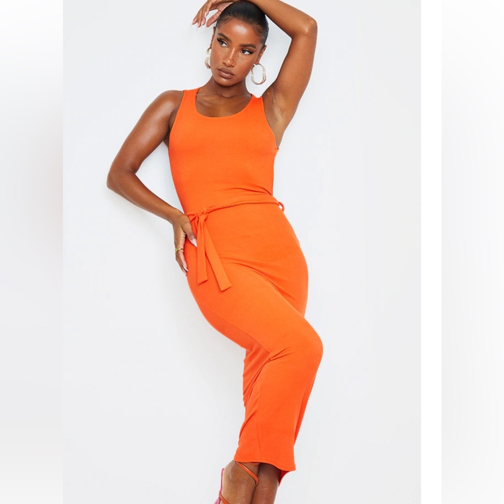 Orange Rib Cut Out Back Detail Tie Waist Midaxi Dress